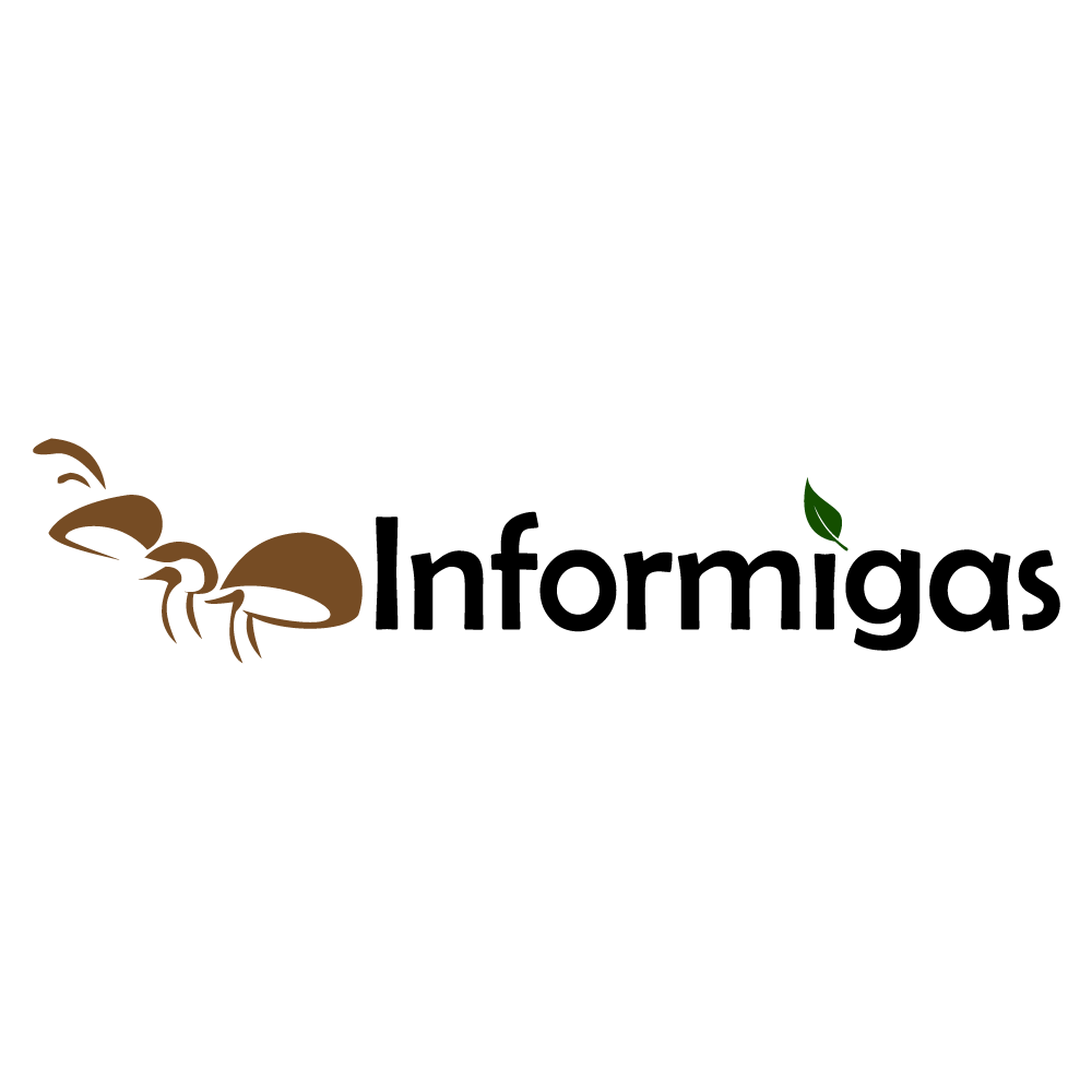 Logotipo Informigas com formigas e lettering sobre fundo claro.